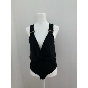 Free People Body Suit Sz XS Black Faux Wrap Tortoise Detail Low Back Resort